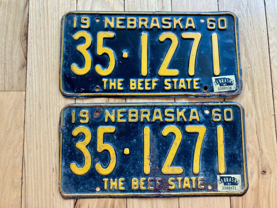 Pair of 1960 Nebraska License Plates W/ 1961 Tabs