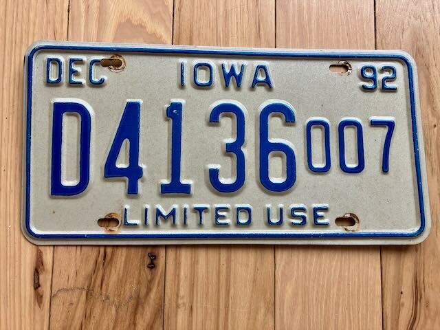 1992 Iowa Limited Use License Plate