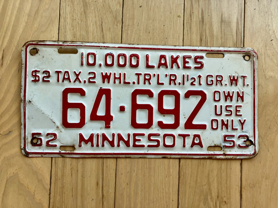 1953 Minnesota $2 Tax 2 Wheel Trailer License Plate