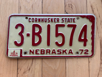 1972 Nebraska License Plate W/ 1975 Tabs