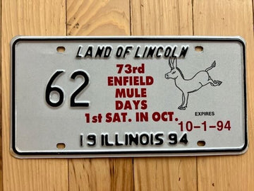1994 Illinois 73rd Enfield Mule Days Special Event License Plate - Number 62