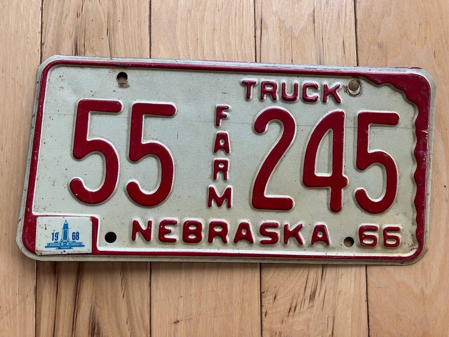 1966 Nebraska Farm Truck License Plate W/1968 Tab
