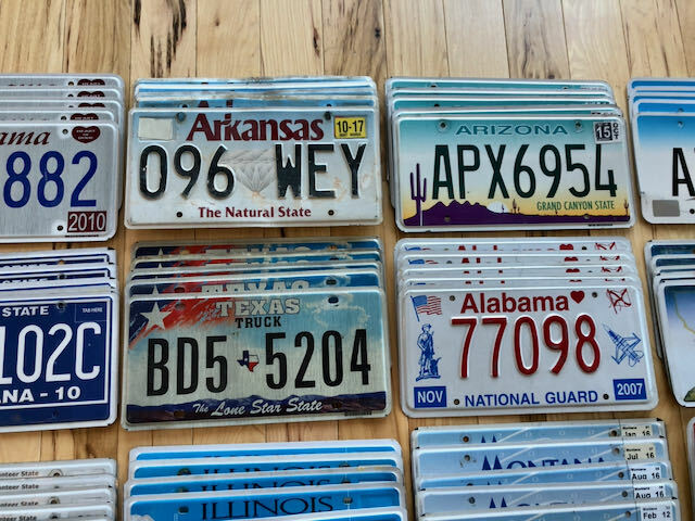 Lot of 100 License Plates- 20 Versions, 5 of Each in Craft Condition