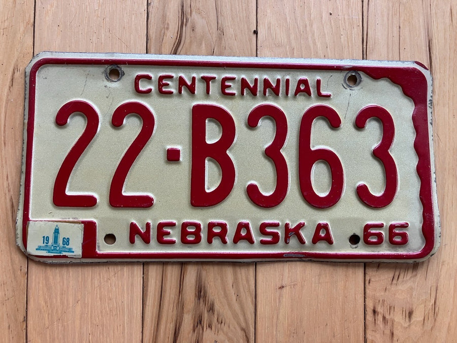 1966 Nebraska Centennial License Plate W/1968 Tab