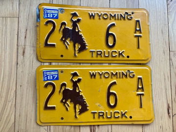 Pair of 1987 Wyoming Truck License Plates - Low Number