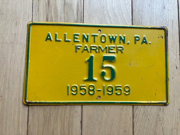 1958 1959 Allentown Pennsylvania Farmer License Plate - Low Number