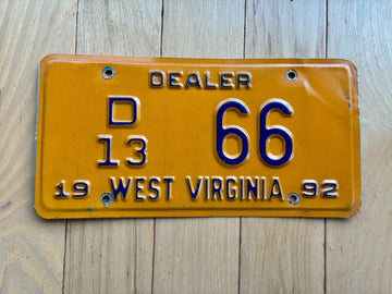 1992 West Virginia Dealer License Plate - 66