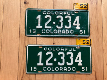 Pair of 1951 Colorado License Plates W/ 1952 Tabs