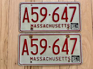 Pair of 1973 Massachusetts License Plates - YOM Clear