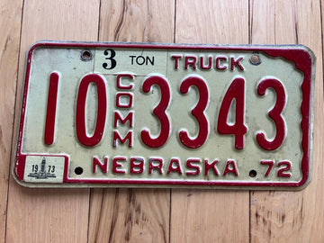 1972 Nebraska Commercial Truck License Plate W/ 1973 Tab