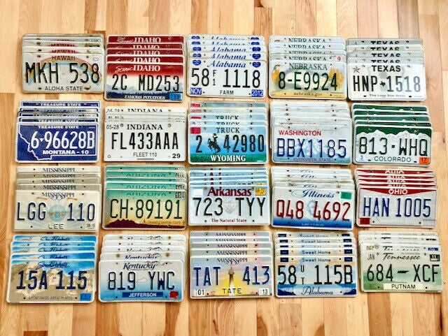 Bulk Set of 100 License Plates- 20 Versions, 5 of Each in Craft Condition