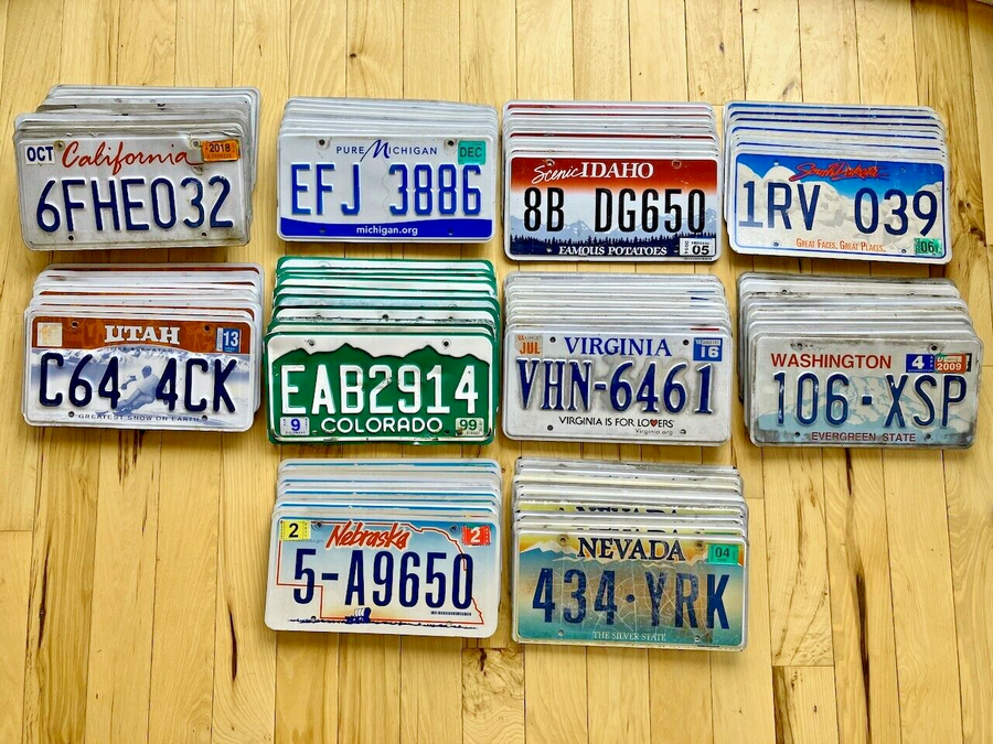 Bulk Set Of 100 License Plates In Craft Condition -CA/MI/ID/SD/UT/CO/VA/WA/NE/NV