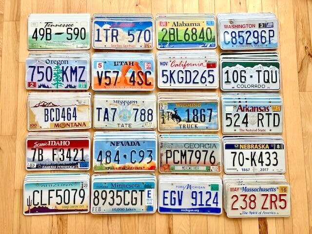Lot of 100 License Plates- 20 Different States, 5 of Each in Craft Condition