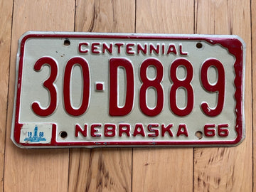 1966 Nebraska Centennial License Plate W/1968 Tab