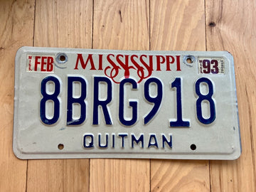 1993 Mississippi Quitman County License Plate