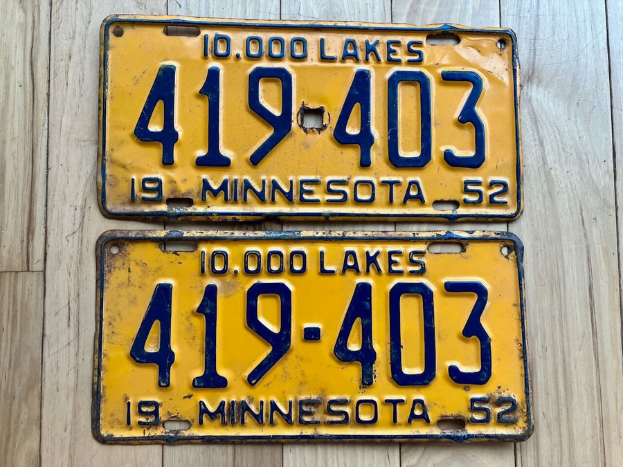 Pair of 1952 Minnesota License Plates (Hole in Top Plate)