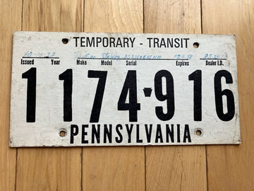 1978 Pennsylvania Temporary Cardboard License Plate