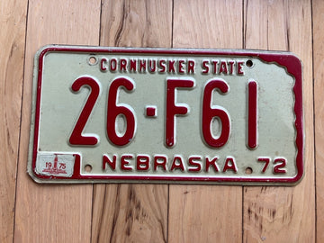 1972 Nebraska License Plate W/ 1975 Tabs