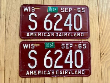 Pair of 1965 Wisconsin License Plates W/ 1967 Tabs