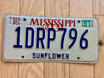 1991 Mississippi Sunflower County License Plate