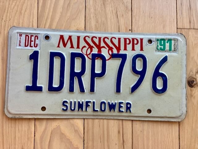 1991 Mississippi Sunflower County License Plate
