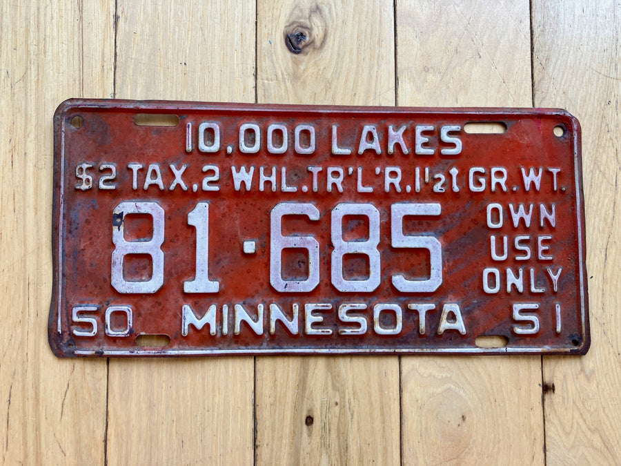 1951 Minnesota $2 Tax 2 Wheel Trailer License Plate