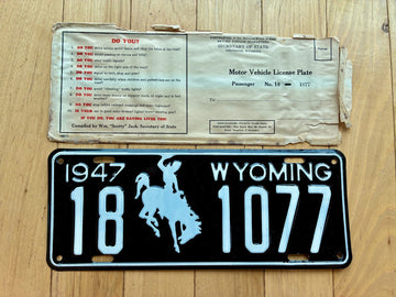 1947 Wyoming License Plate W/ Original Wrapper