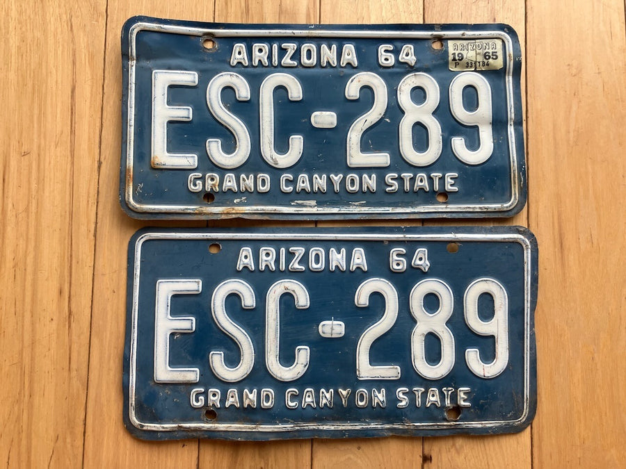 Pair of 1964 Arizona License Plates W/- 1965 Tab - MVD Clear - ESC - 289