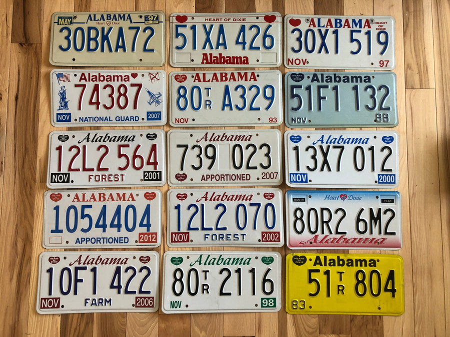 Set of 15 Mixed Alabama License Plates in Good Condition