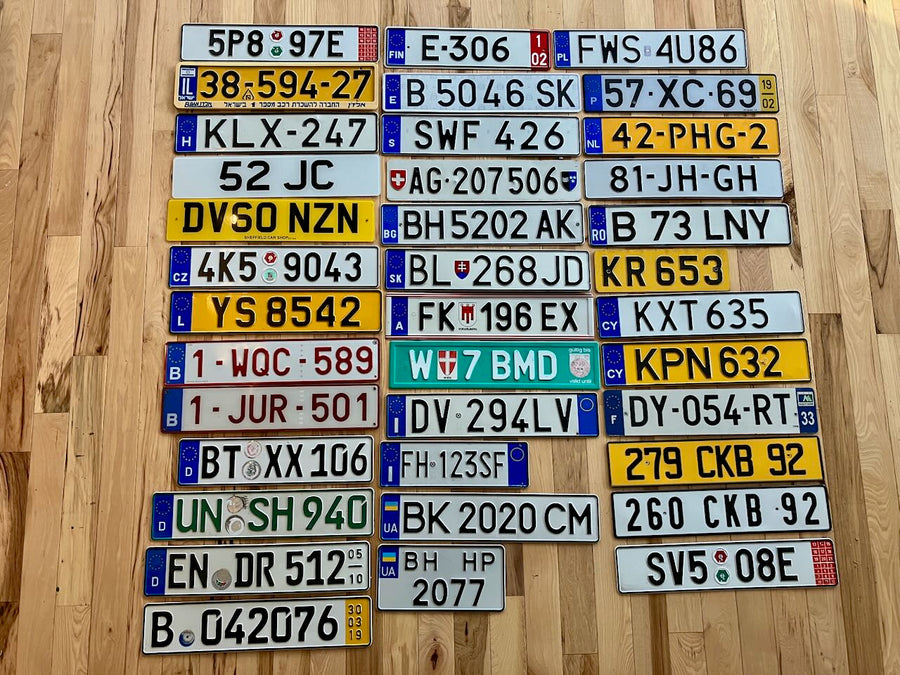 European license plates including Finland, Poland, Estonia, Hungary, Sweden, Netherlands, Germany, Bulgaria, Romania, Czech Republic, Slovakia, Cyprus, Lithuania, Italy, France, Ukraine, and the UK. 