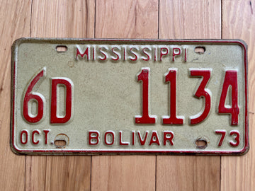 1973 Mississippi Bolivar County License Plate